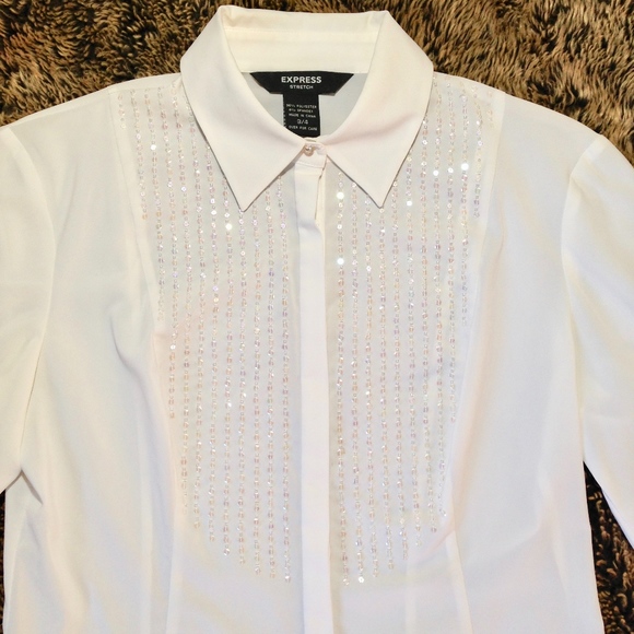 Express Tops - EXPRESS "Stretch" Sequin & Rhinestone White Blouse